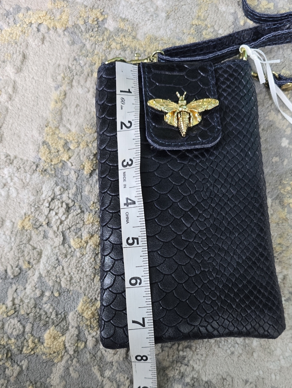 German Fuentes Navy Snakeskin Embossed Crossbody Phone Bag with Gold Bee Accent - Picture 12 of 14